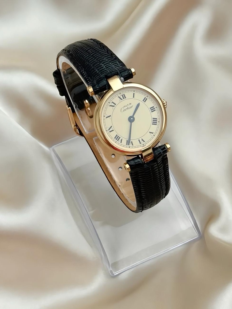 Authentic Vintage Cartier Black Leather Watch  With Box